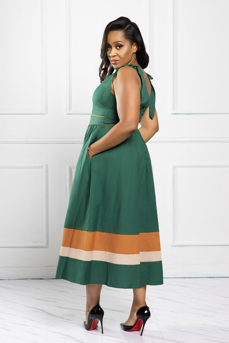 Emerald Grace Tie-Shoulder Midi Dress
