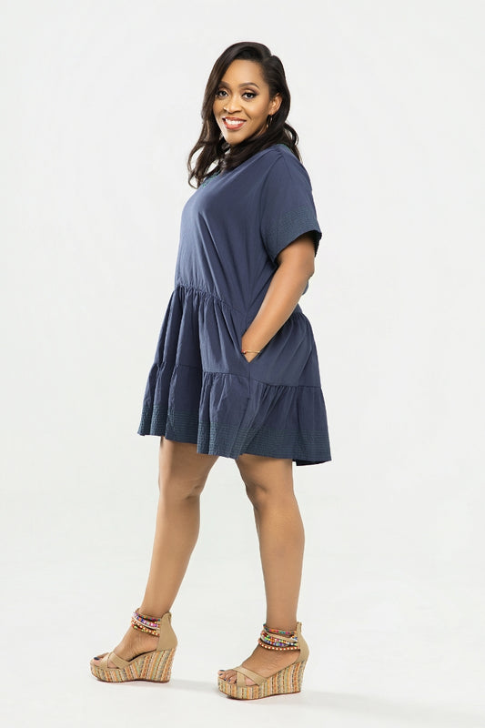 Valentina Embroidered Tiered Dress - Blue