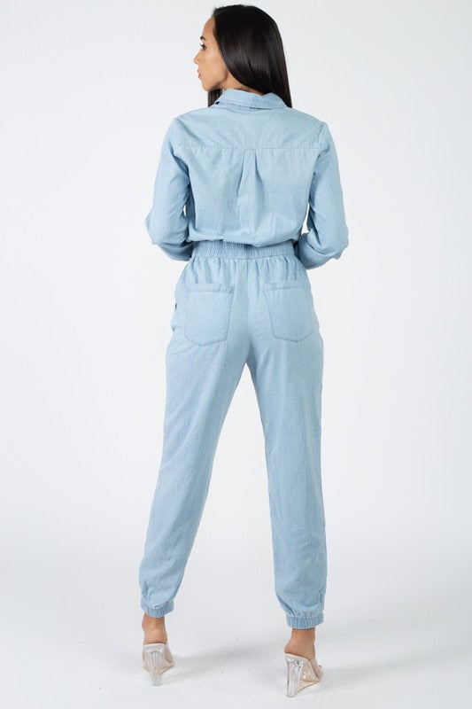 Front Zip Denim Jumpsuit - Light Wash