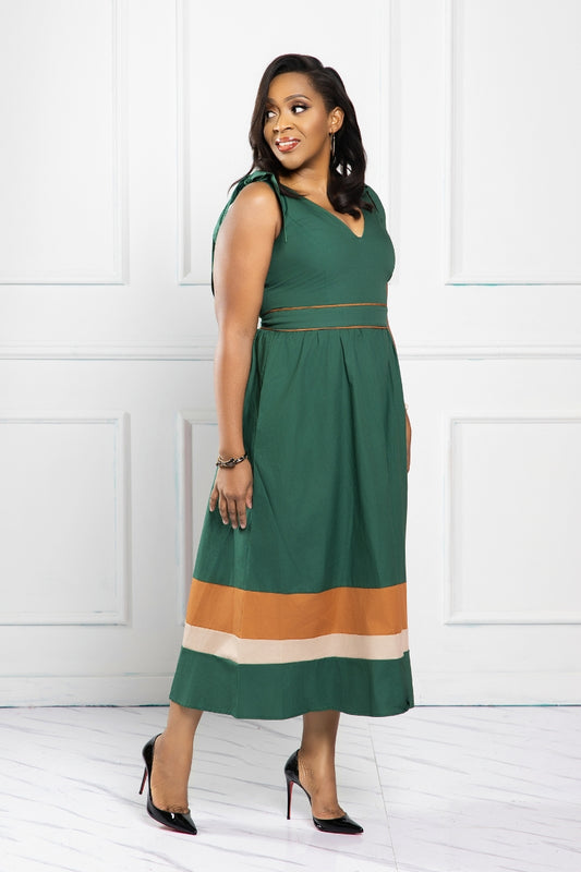 Emerald Grace Tie-Shoulder Midi Dress