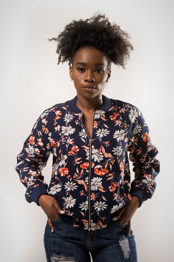 Print Bomber Jacket - Navy/Cora