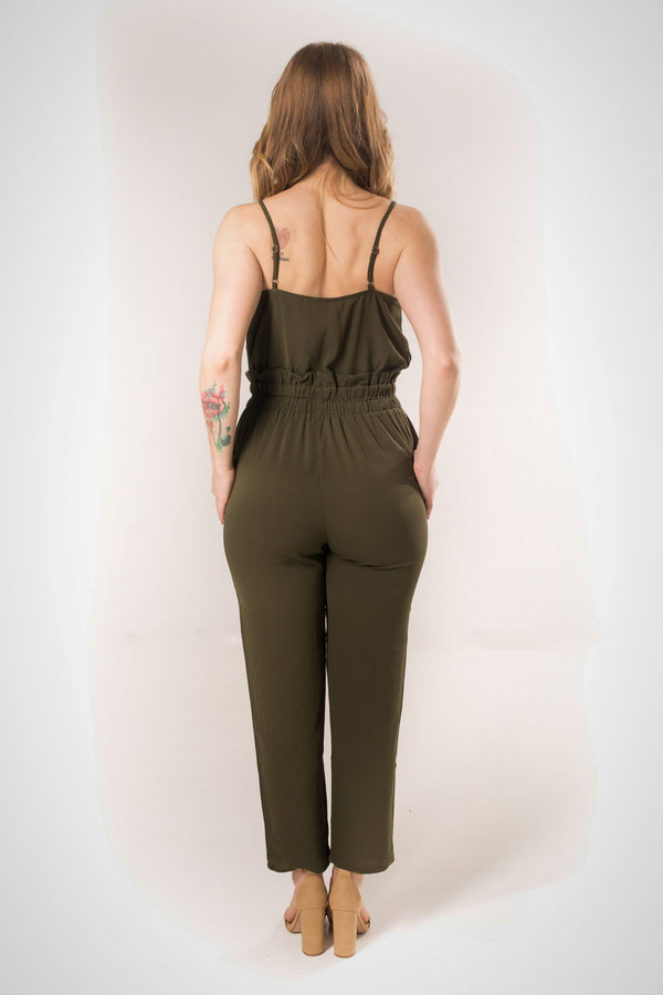 Ruffle Waist Sleeveless Jumpsuit - Olive
