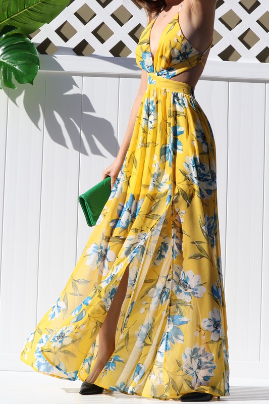 Printed Woven Maxi Dress - Yellow