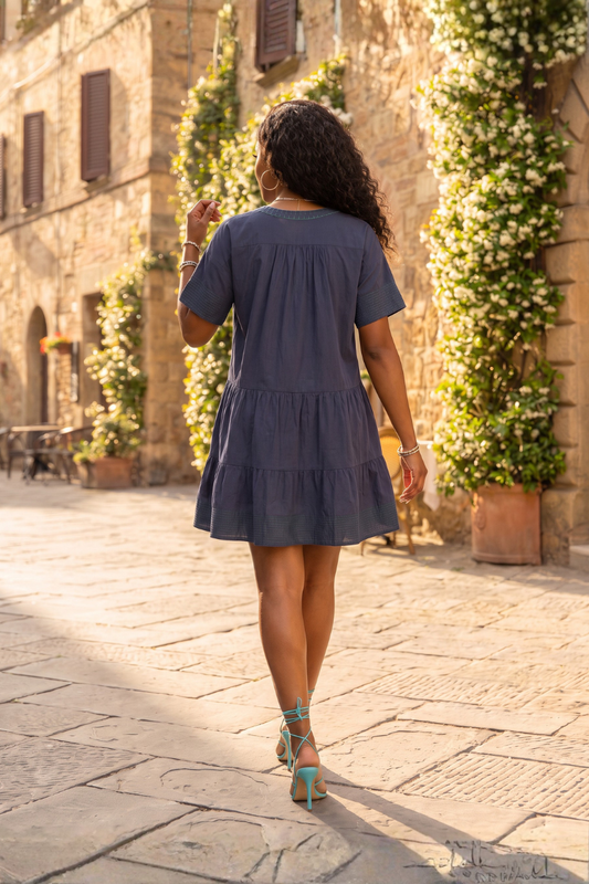 Valentina Embroidered Tiered Dress - Blue