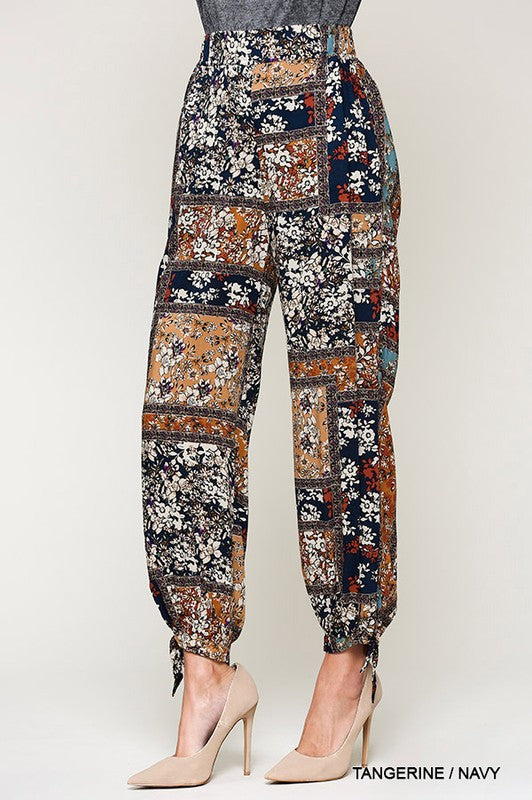 Floral printed Ankle Tie Pants - Tangerine/Navy