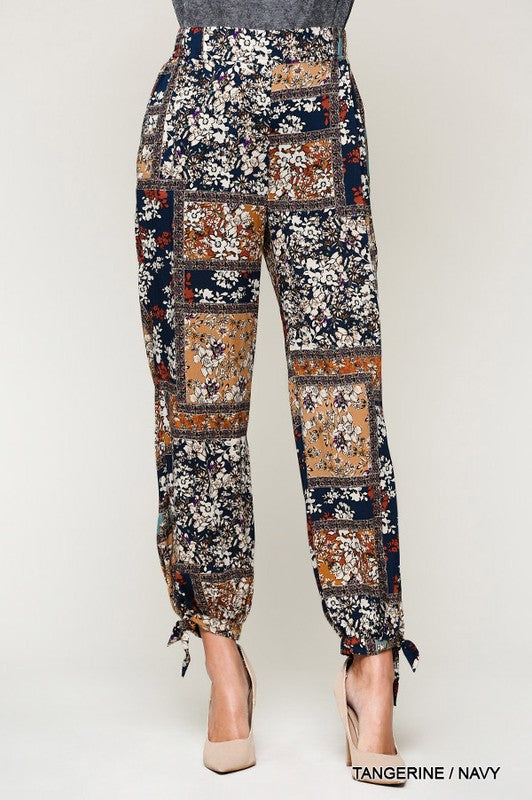 Floral printed Ankle Tie Pants - Tangerine/Navy