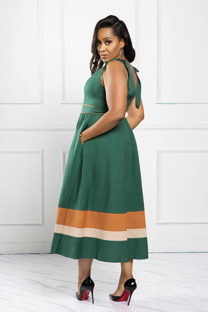 Emerald Grace Tie-Shoulder Midi Dress