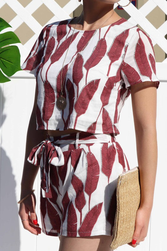 Leaf Woven Top and Short Set - Mulberry Red