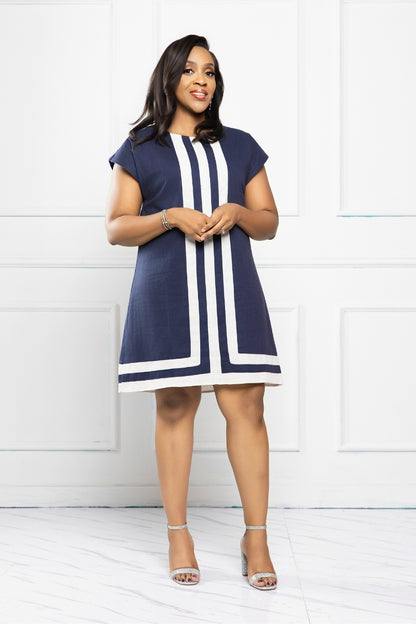 Élise Contrast Linen Shift Dress - Navy Blue