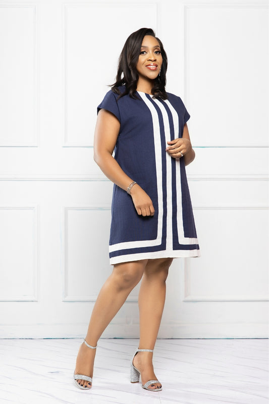 Élise Contrast Linen Shift Dress - Navy Blue