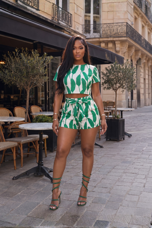 Leaf Woven Top and Short Set - Green