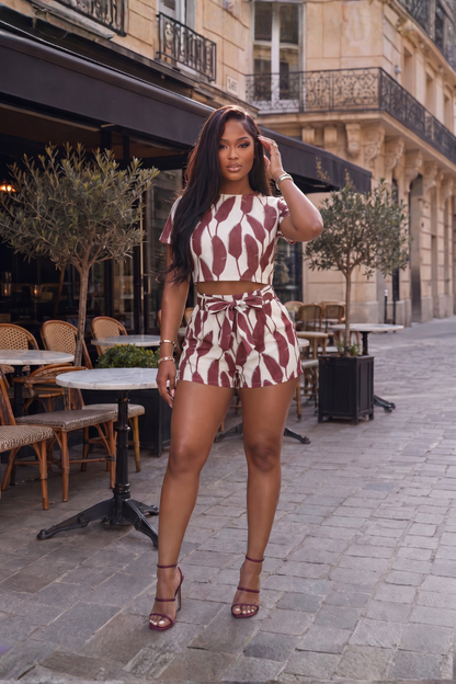 Leaf Woven Top and Short Set - Mulberry Red