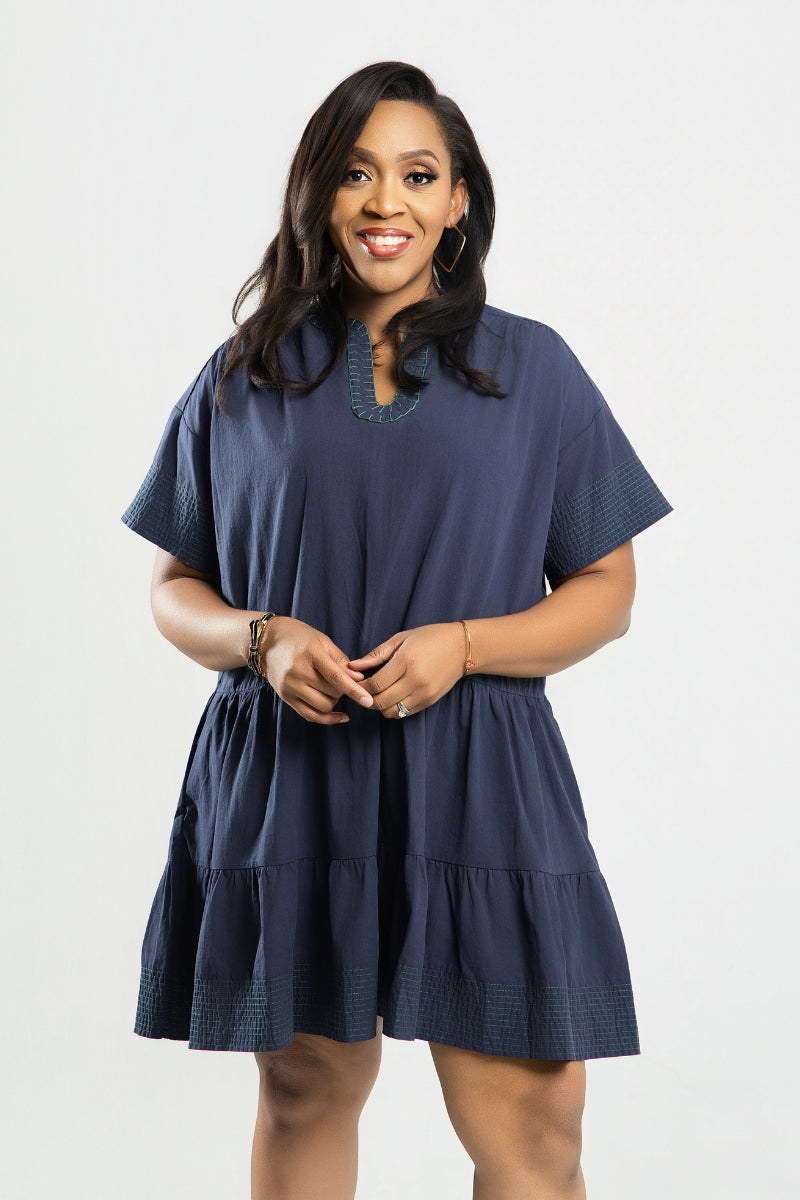 Valentina Embroidered Tiered Dress - Blue