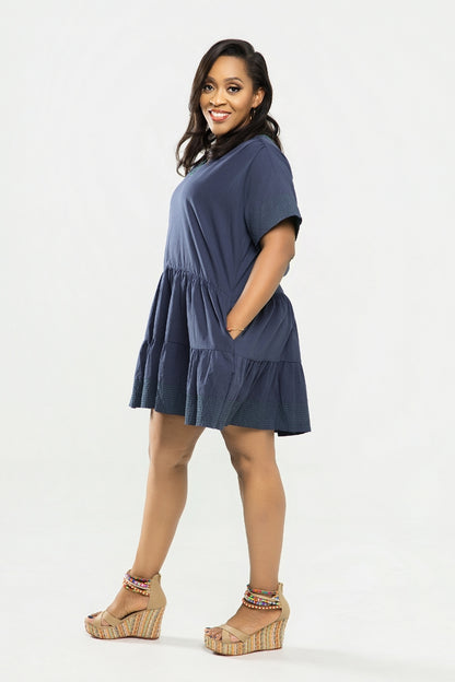 Valentina Embroidered Tiered Dress - Blue