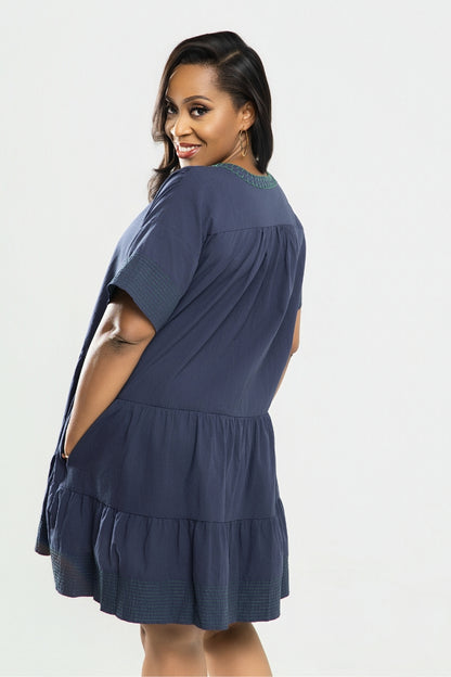 Valentina Embroidered Tiered Dress - Blue