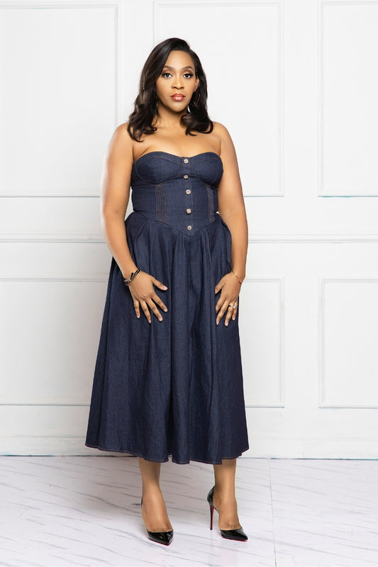 Noire Strapless Denim Midi Dress