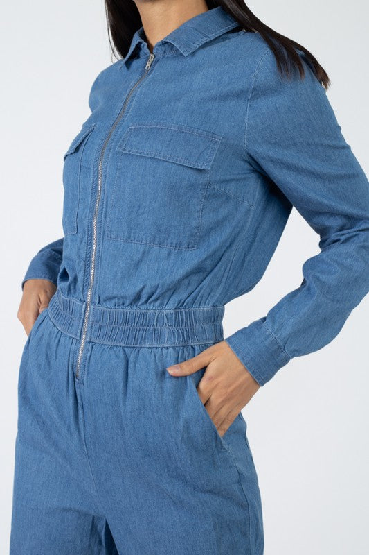 Front Zip Denim Jumpsuit - Medium Wash