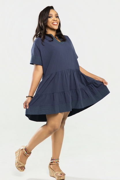 Valentina Embroidered Tiered Dress - Blue