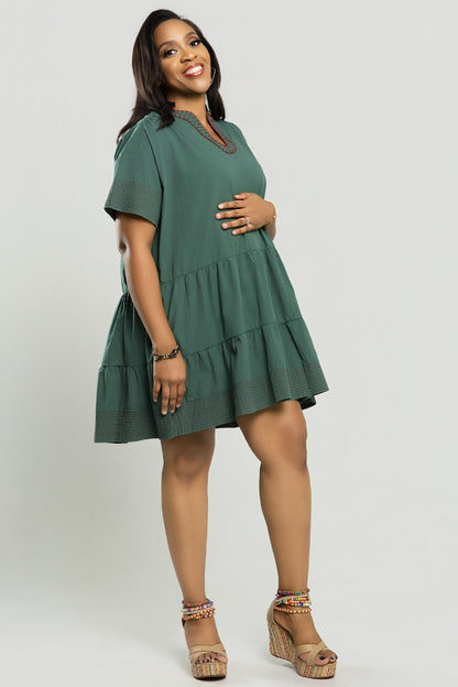 Valentina Embroidered Tiered Dress - Green