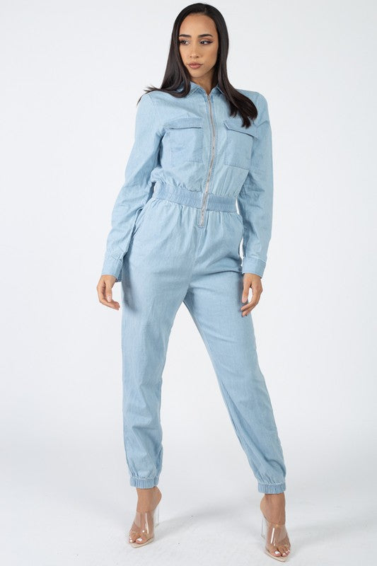 Front Zip Denim Jumpsuit - Light Wash