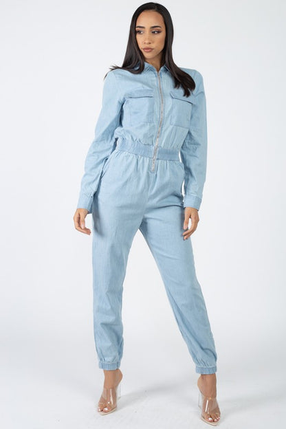 Front Zip Denim Jumpsuit - Light Wash