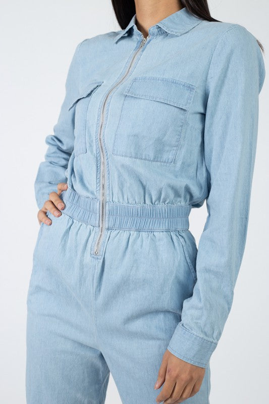 Front Zip Denim Jumpsuit - Light Wash