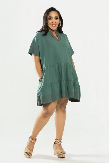 Valentina Embroidered Tiered Dress - Green