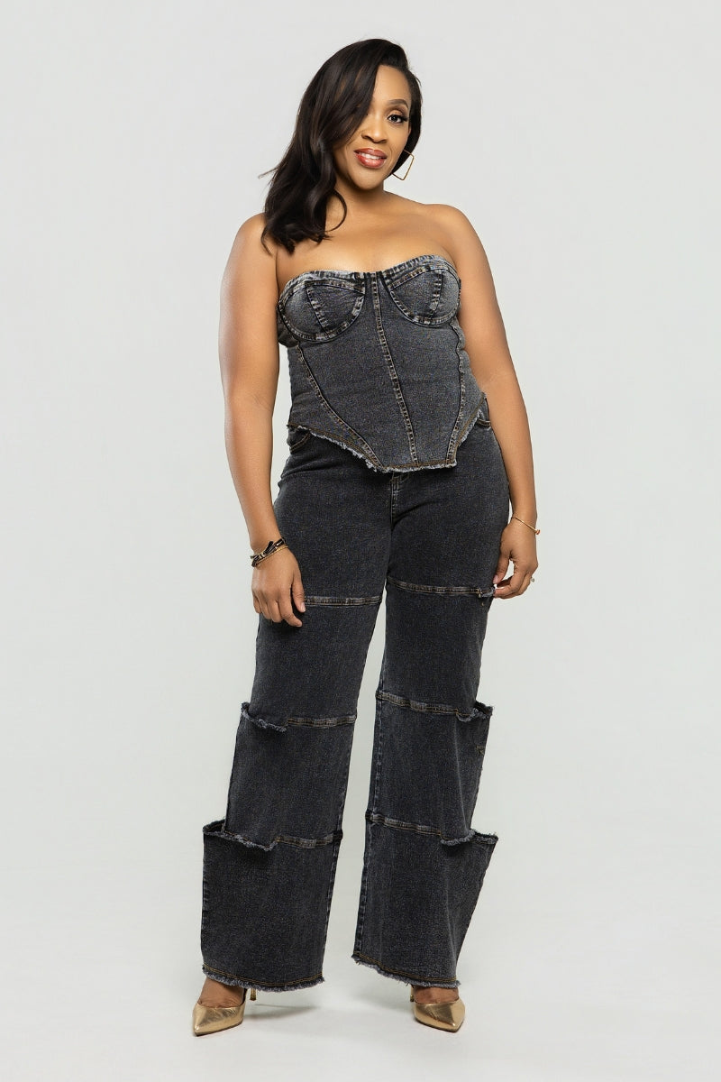 Midnight Muse Denim Corset Set - Black