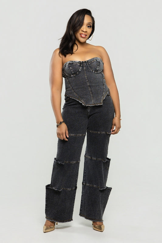 Midnight Muse Denim Corset Set - Black