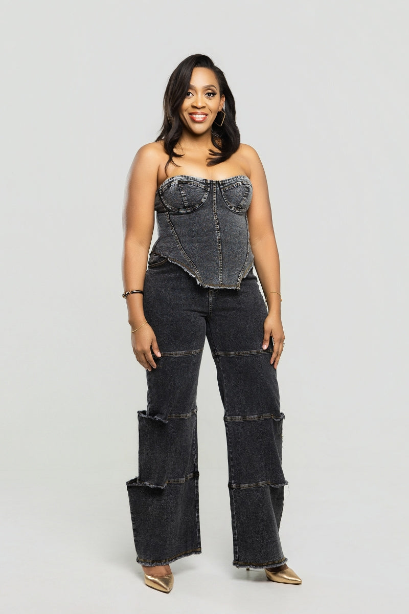 Midnight Muse Denim Corset Set - Black