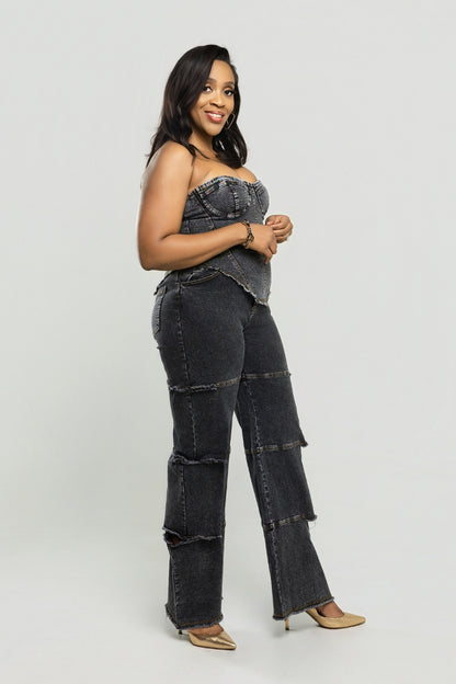 Midnight Muse Denim Corset Set - Black