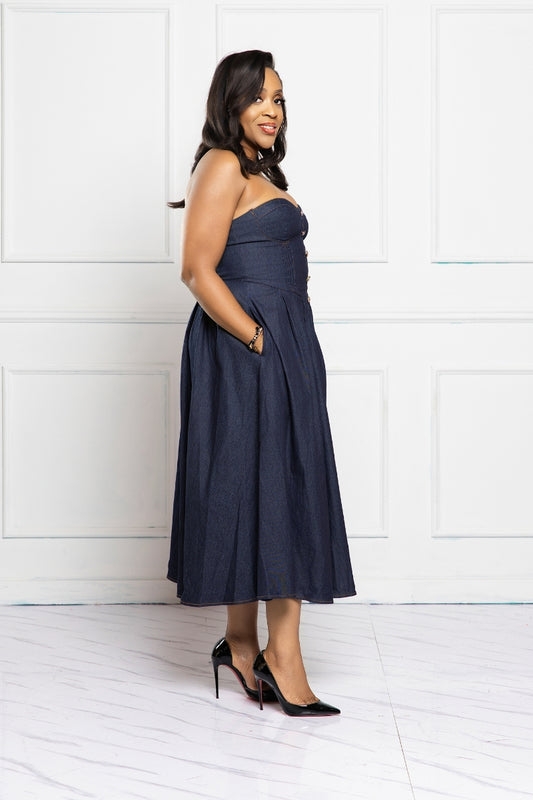 Noire Strapless Denim Midi Dress