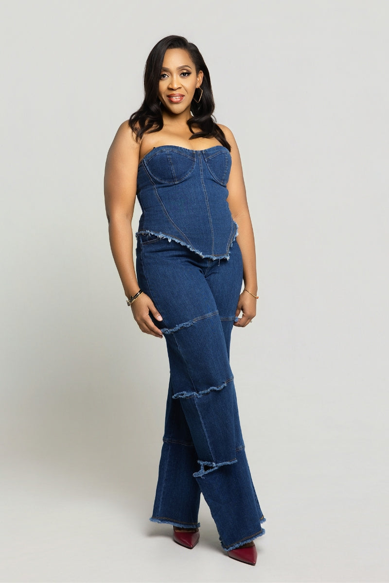 Midnight Muse Denim Corset Set - Blue
