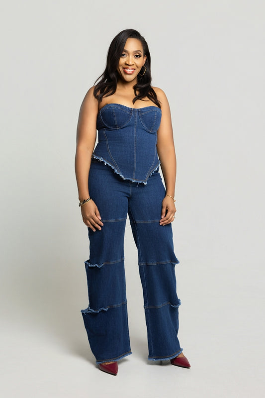Midnight Muse Denim Corset Set - Blue