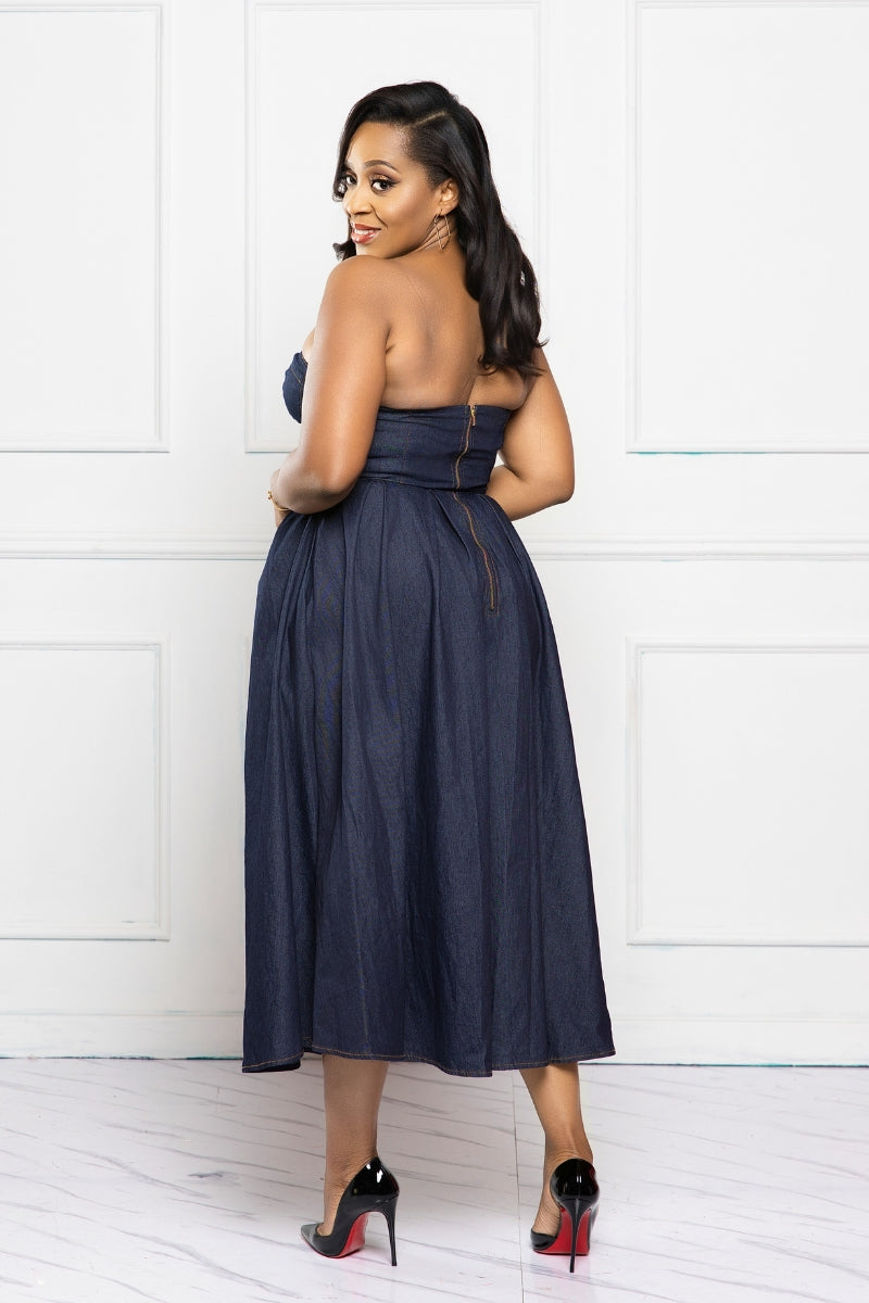 Noire Strapless Denim Midi Dress