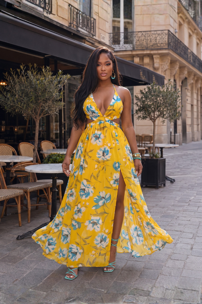 Printed Woven Maxi Dress - Yellow