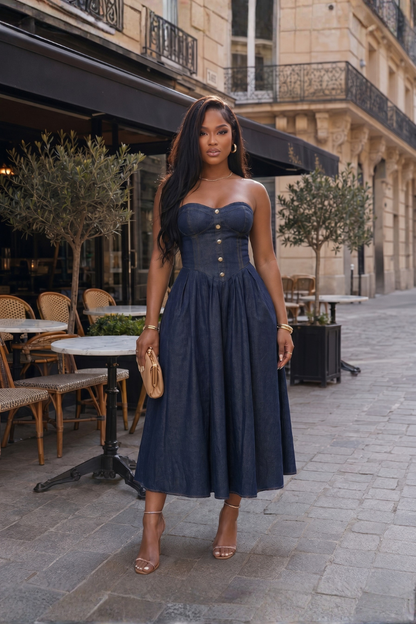 Noire Strapless Denim Midi Dress