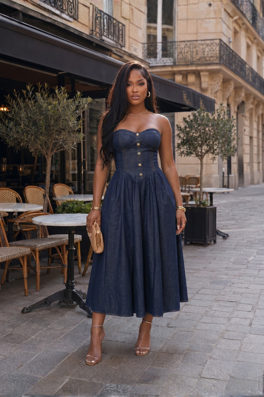 Noire Strapless Denim Midi Dress
