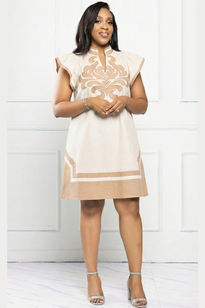 Contrast Linen Shift Dress - Biege