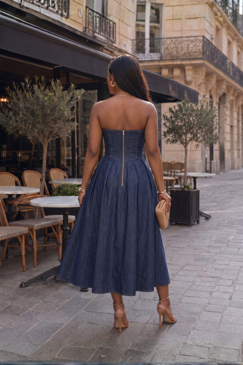 Noire Strapless Denim Midi Dress