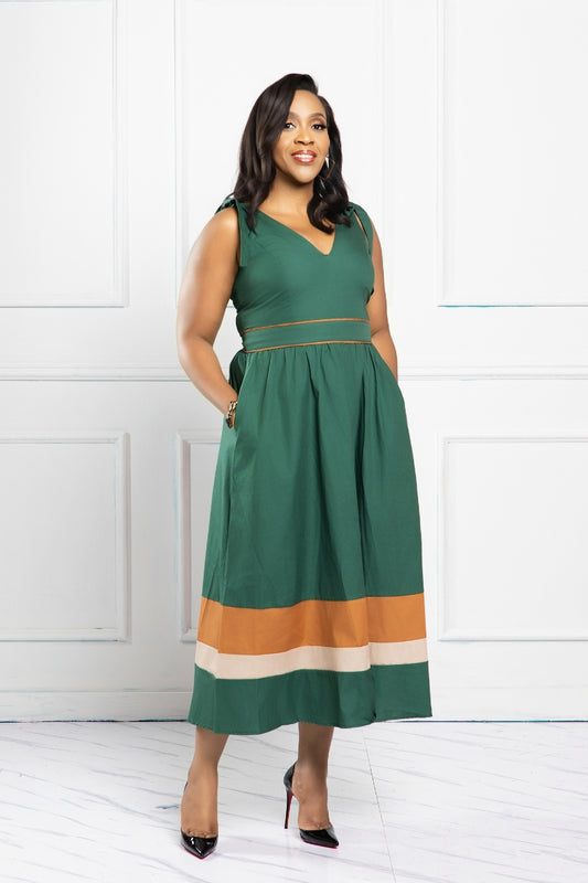 Emerald Grace Tie-Shoulder Midi Dress
