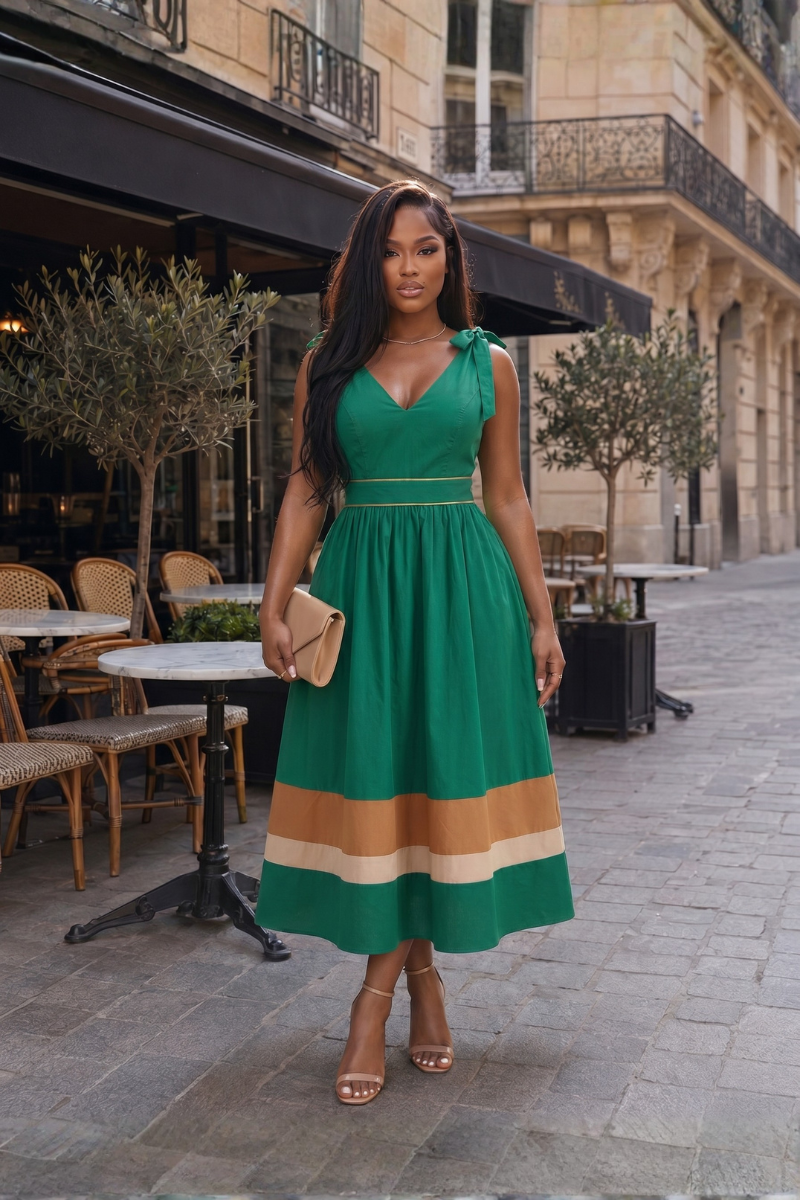 Emerald Grace Tie-Shoulder Midi Dress