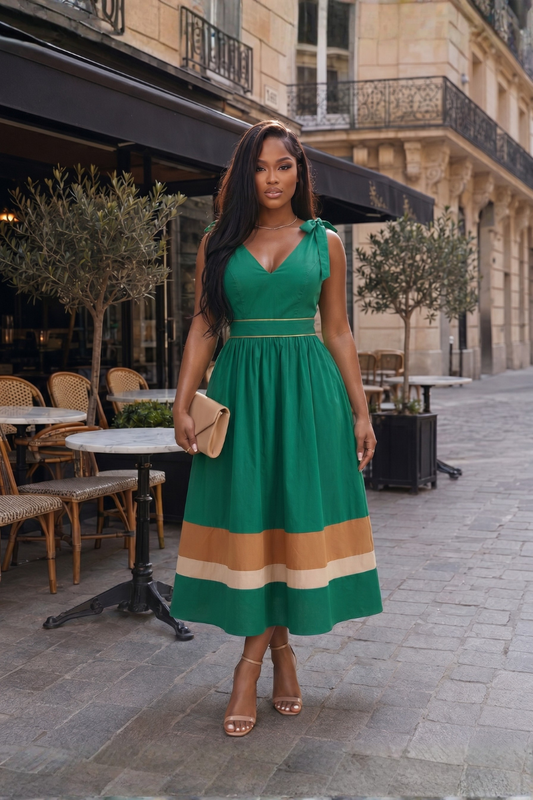 Emerald Grace Tie-Shoulder Midi Dress