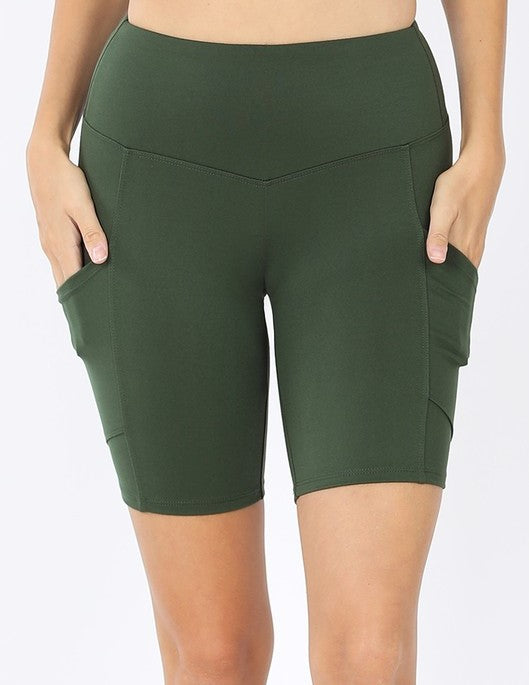 Brushed Microfiber Biker Shorts - Army Green