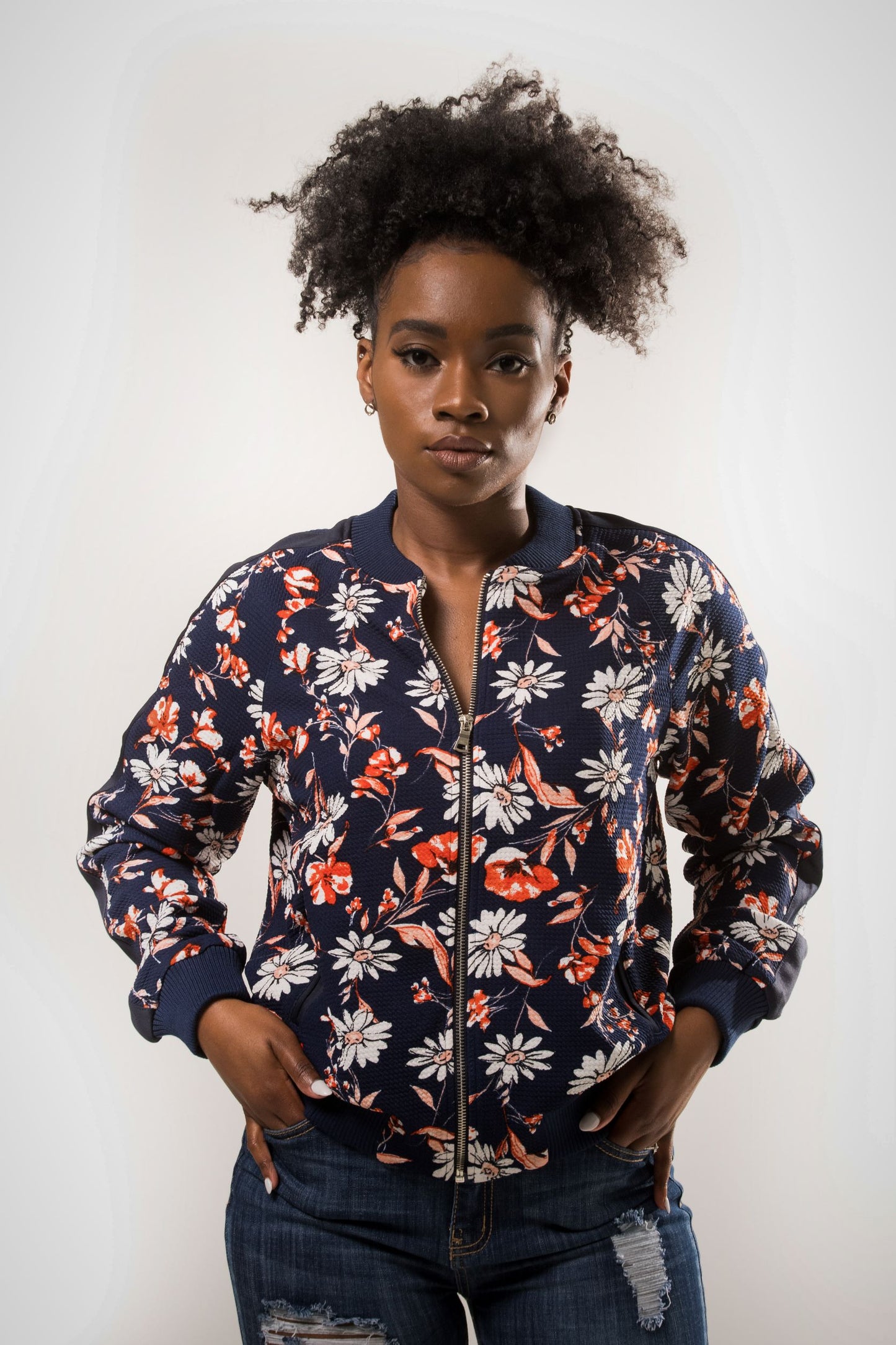 Print Bomber Jacket - Navy/Cora