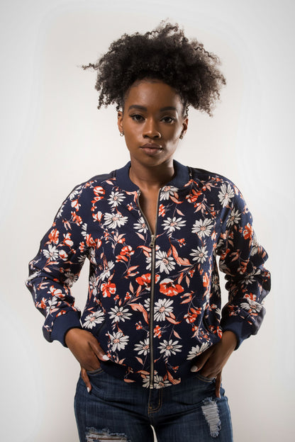 Print Bomber Jacket - Navy/Cora