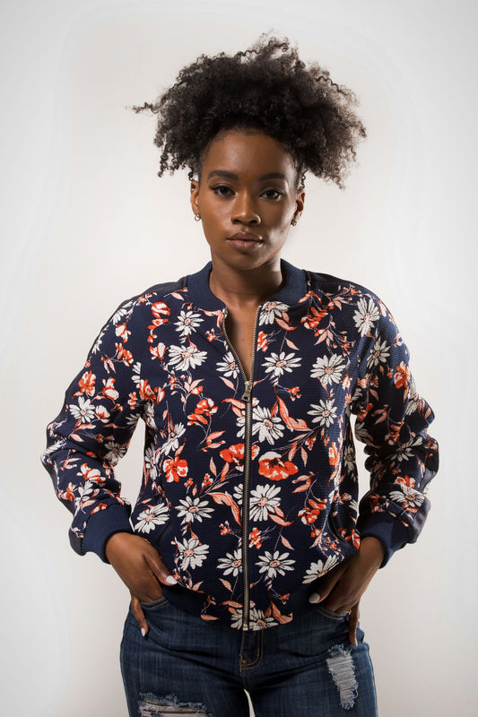 Print Bomber Jacket - Navy/Cora
