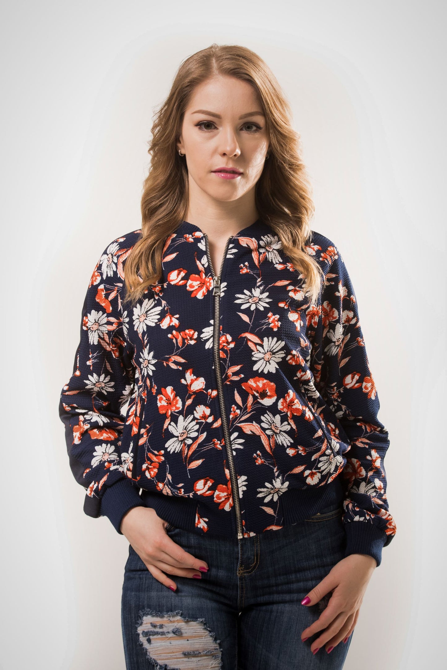 Print Bomber Jacket - Navy/Cora