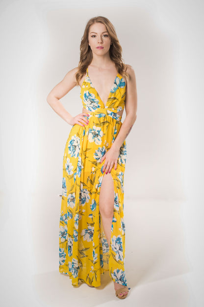 Printed Woven Maxi Dress - Yellow