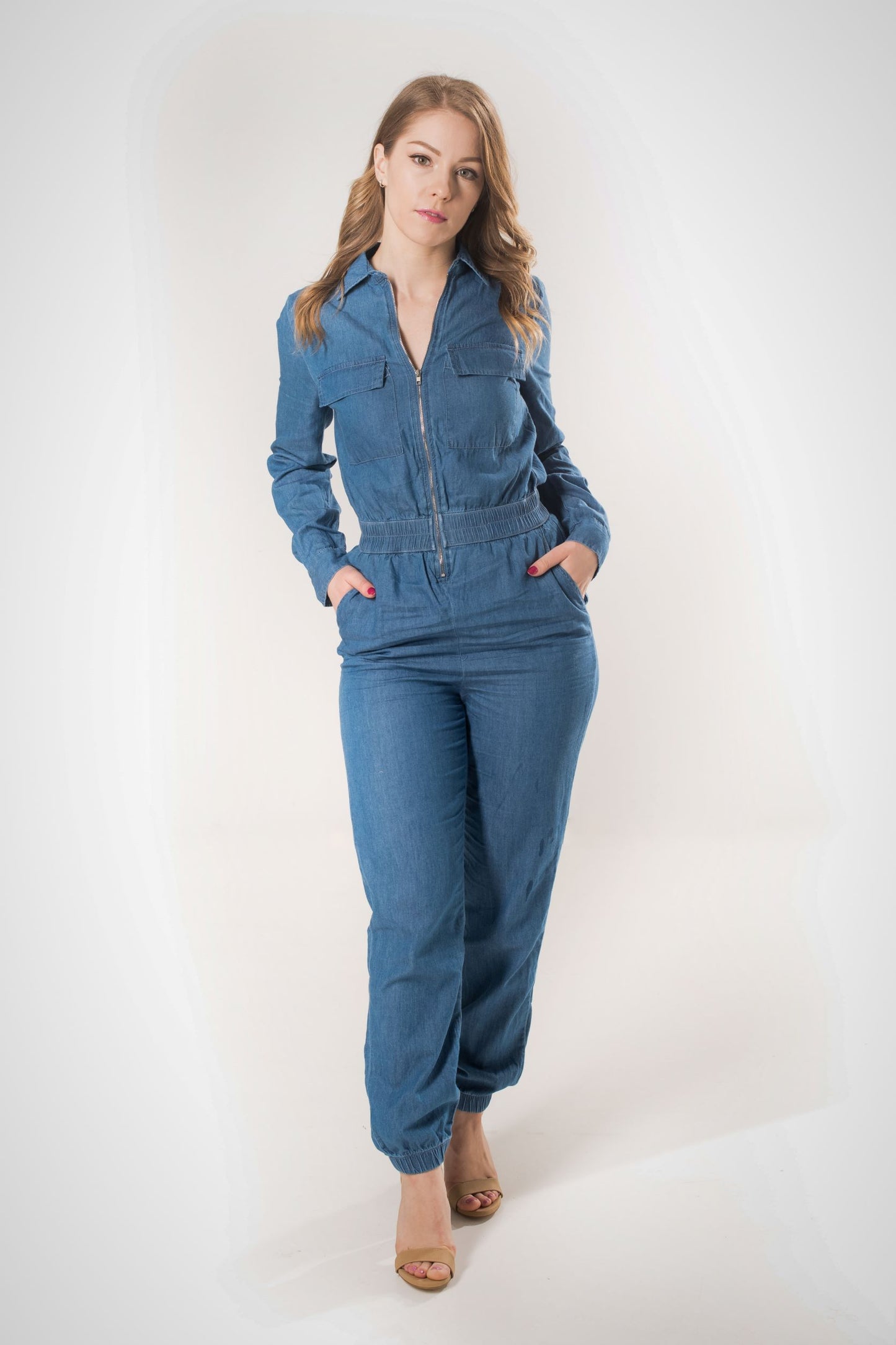 Front Zip Denim Jumpsuit - Medium Wash